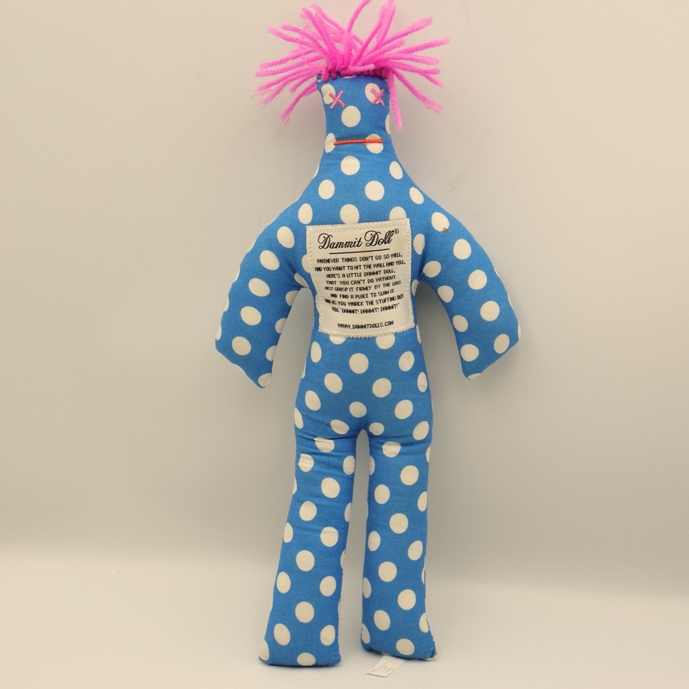 Dammit Doll Stress Relief Gag Gift Therapy Polka Dot Plush 12" Purple Hair Blue